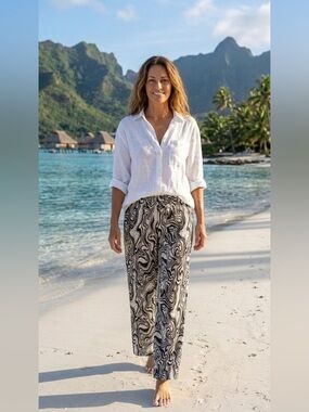 Intempo Black & Cream Plisse Flowy Wide Leg Casual 70's Print Pants Size Large